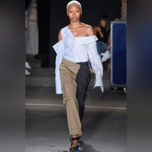 MONSE Light Blue Pinstripe Asymmetric Off-Shoulder Blouse